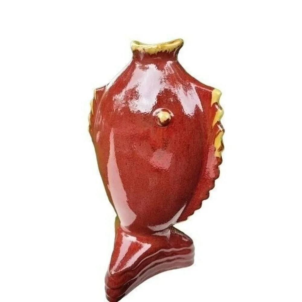 Vintage Pottery Nautical Fish Shaped Vase‎ Terracotta 13.5in Tall